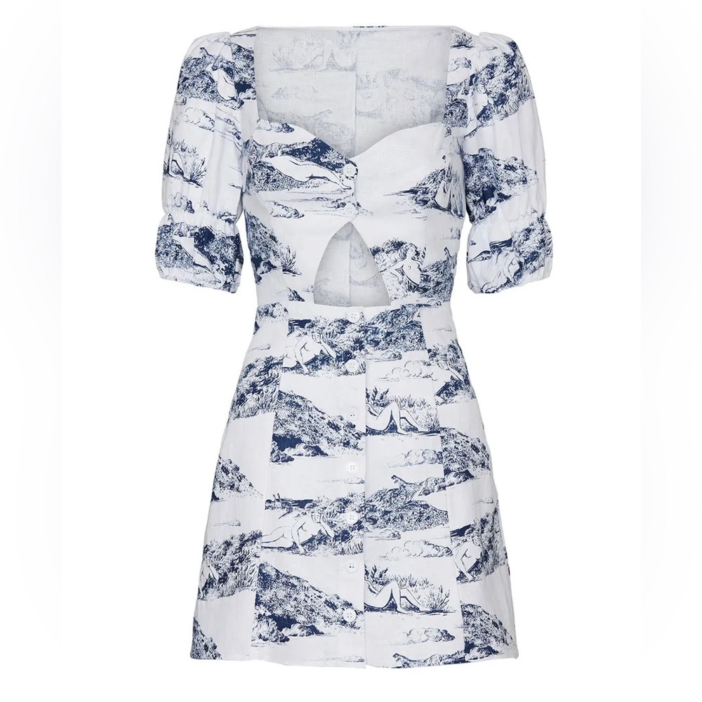 NWOT Reformation Clay Covina Linen Cutout Mini Dress Blue white Toile 10